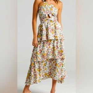 Reverse one shoulder tiered floral midi dress with cut out